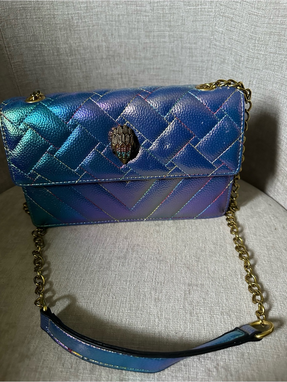 Iridescent Blue Quilted Shoulder Bag with Chain Strap